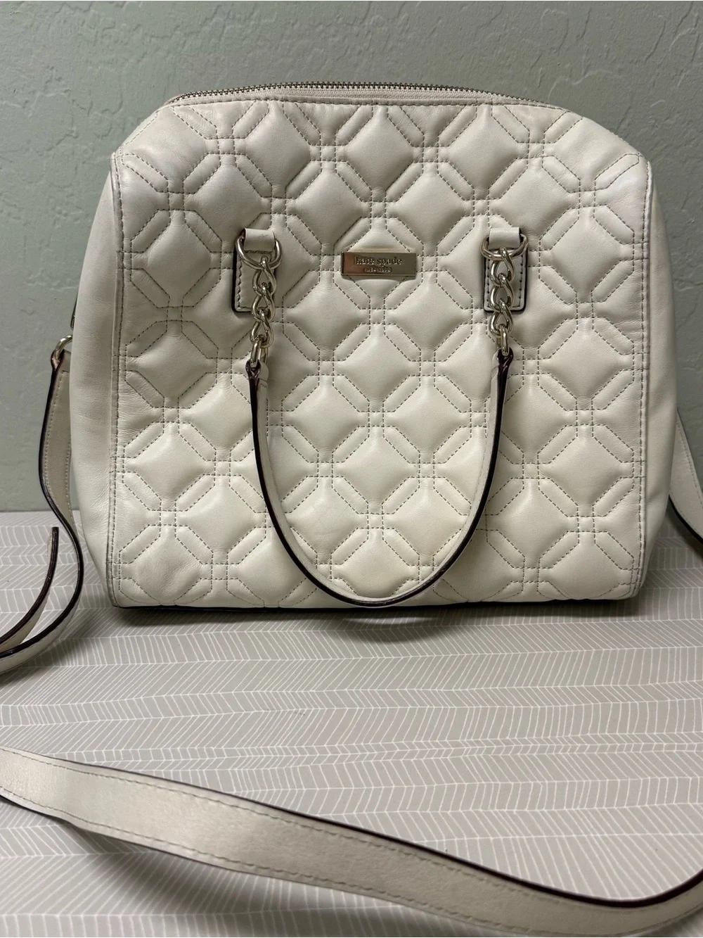 kate spade White Quilted Astor Court Satchel with Chain Handles